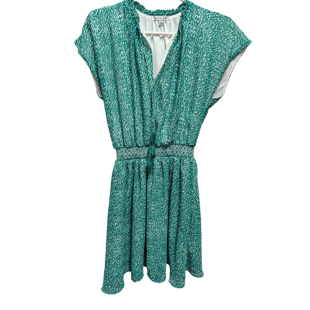 Ophelia Roe Mini Dress Womens Small Green Excellent Smocked Waist Tassel Boho